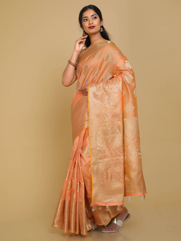 Kalamandir Floral Light Orange Silk Blend Saree | Grocsy