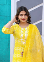 Alvano Printed Beautiful Straight Kurti with Pant and Dupatta set for Women and Girls (Yellow) | Grocsy