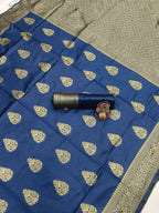 DEIANA'S Beautiful Designer Golden zari Soft Lichi Silk Saree - Navy Blue | Grocsy