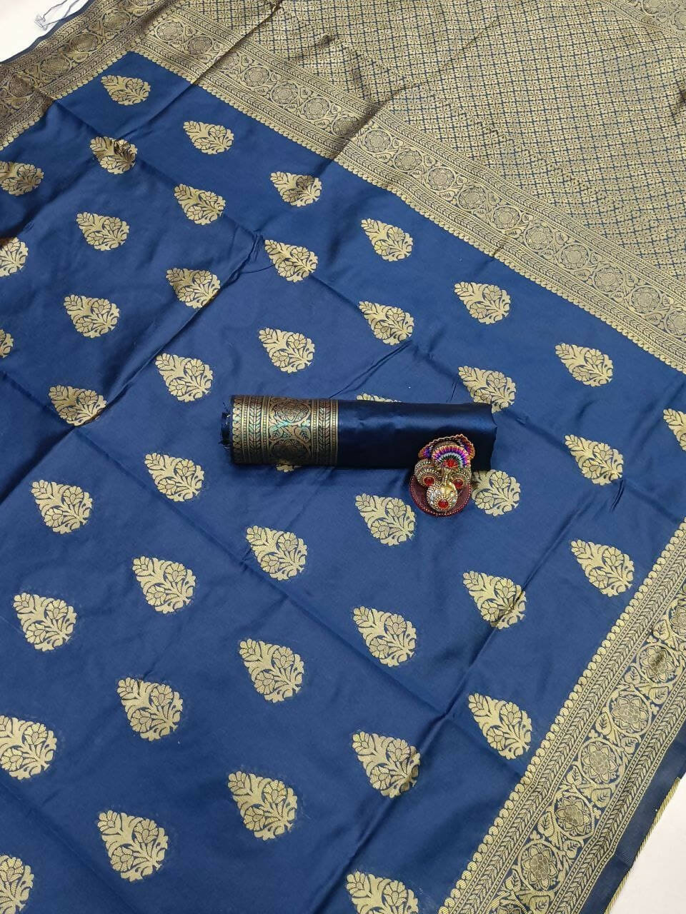 DEIANA'S Beautiful Designer Golden zari Soft Lichi Silk Saree - Navy Blue | Grocsy