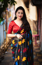 Black Poly Georgette Ethnic Motifs Saree with Unstitched Blouse - A2M | Grocsy