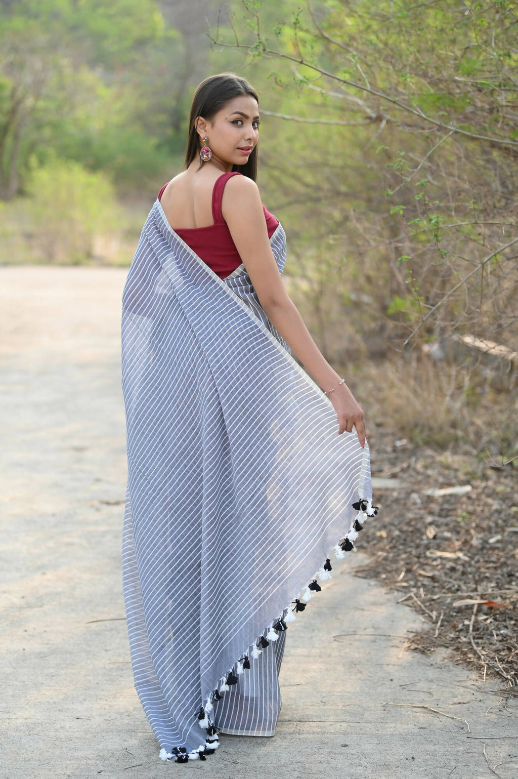 Very Much Indian Designer Pure Cotton Saree With All Over Linear Stripes - Sage Grey | Grocsy