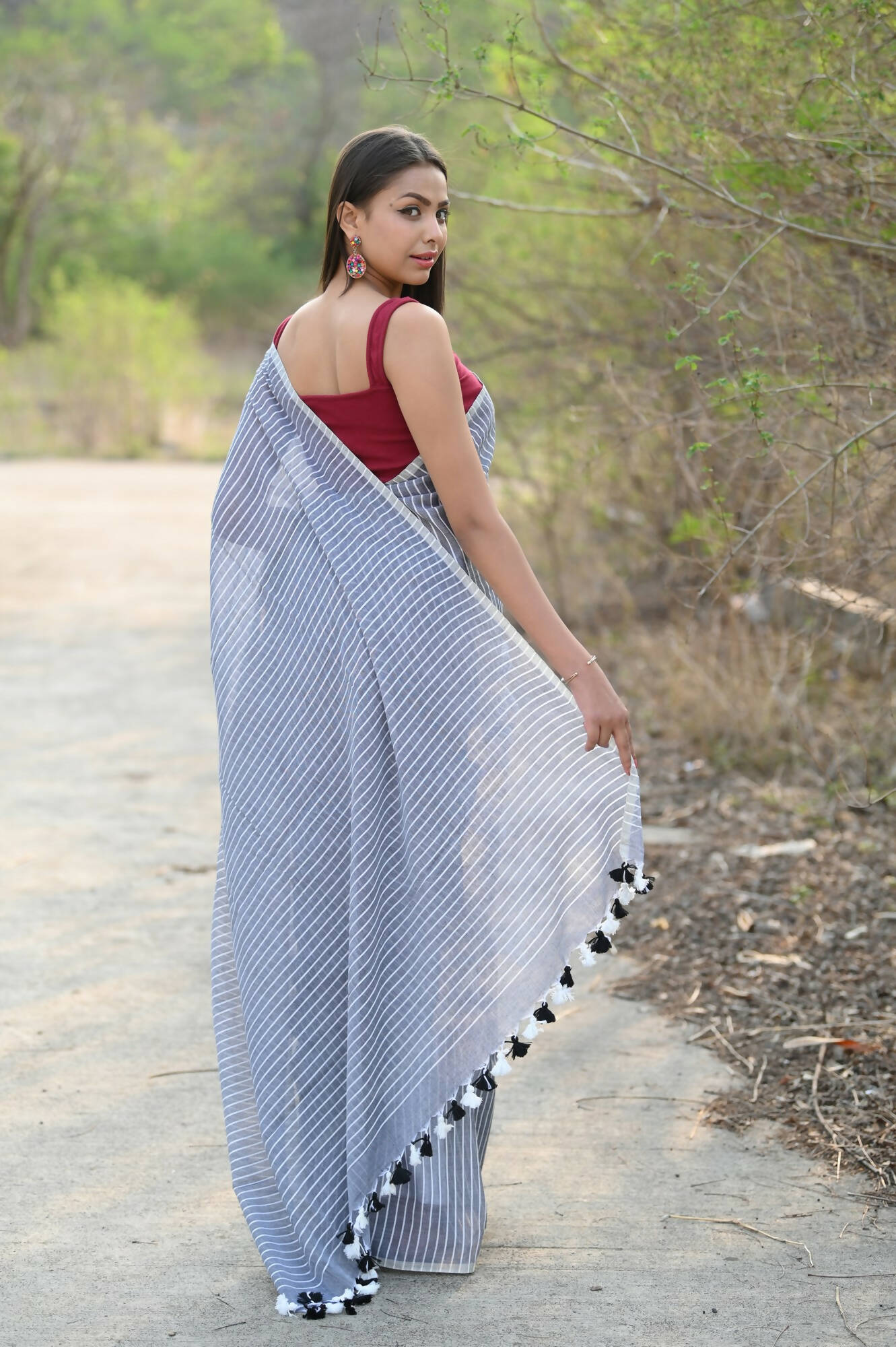 Very Much Indian Designer Pure Cotton Saree With All Over Linear Stripes - Sage Grey | Grocsy