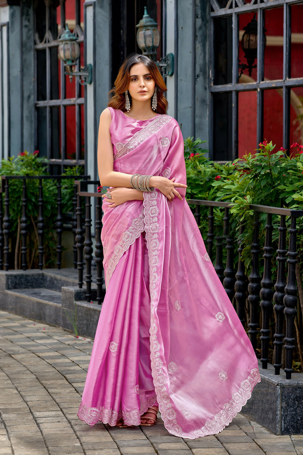 Vastranavya Baby Pink Embroidery Work Shimmer Chiffon Saree with Unstitched Blouse | Grocsy
