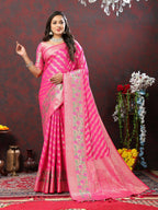 Lorenvalley Fashion Pink Soft Silk Woven Design with Zari Weaving Leheriya Design Saree | Grocsy