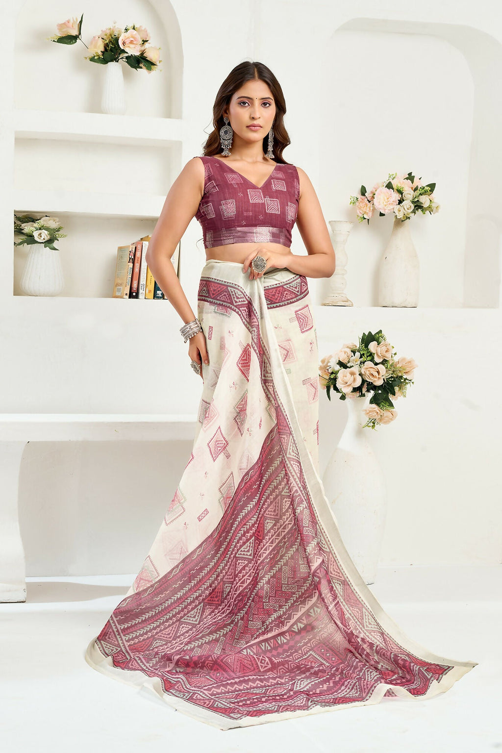 Vastranavya White Maroon Digital Printed Linen Ready To Wear Designer Saree with Unstitched Blouse | Grocsy