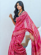 Zibaa Hand-Blocked Pure Chanderi Silk Pink Saree | Grocsy