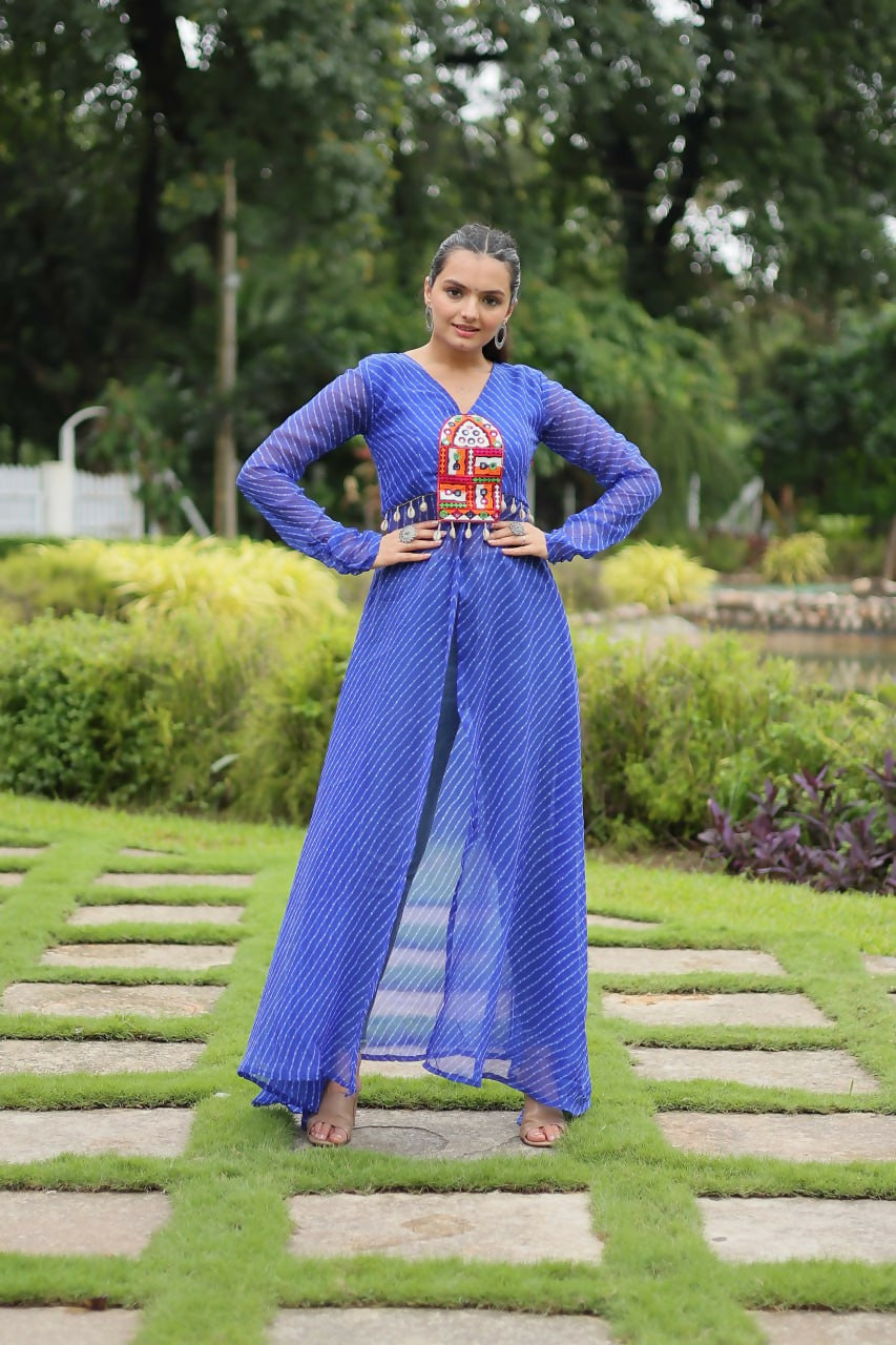 Vastranavya Blue Navratri Special Kutchi Patch Work with Leheriya Printed Kurti | Grocsy