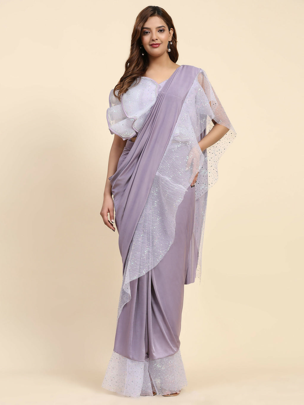 Light Purple Lycra Solid Ready to Wear Saree with stitched Blouse - Nita | Grocsy