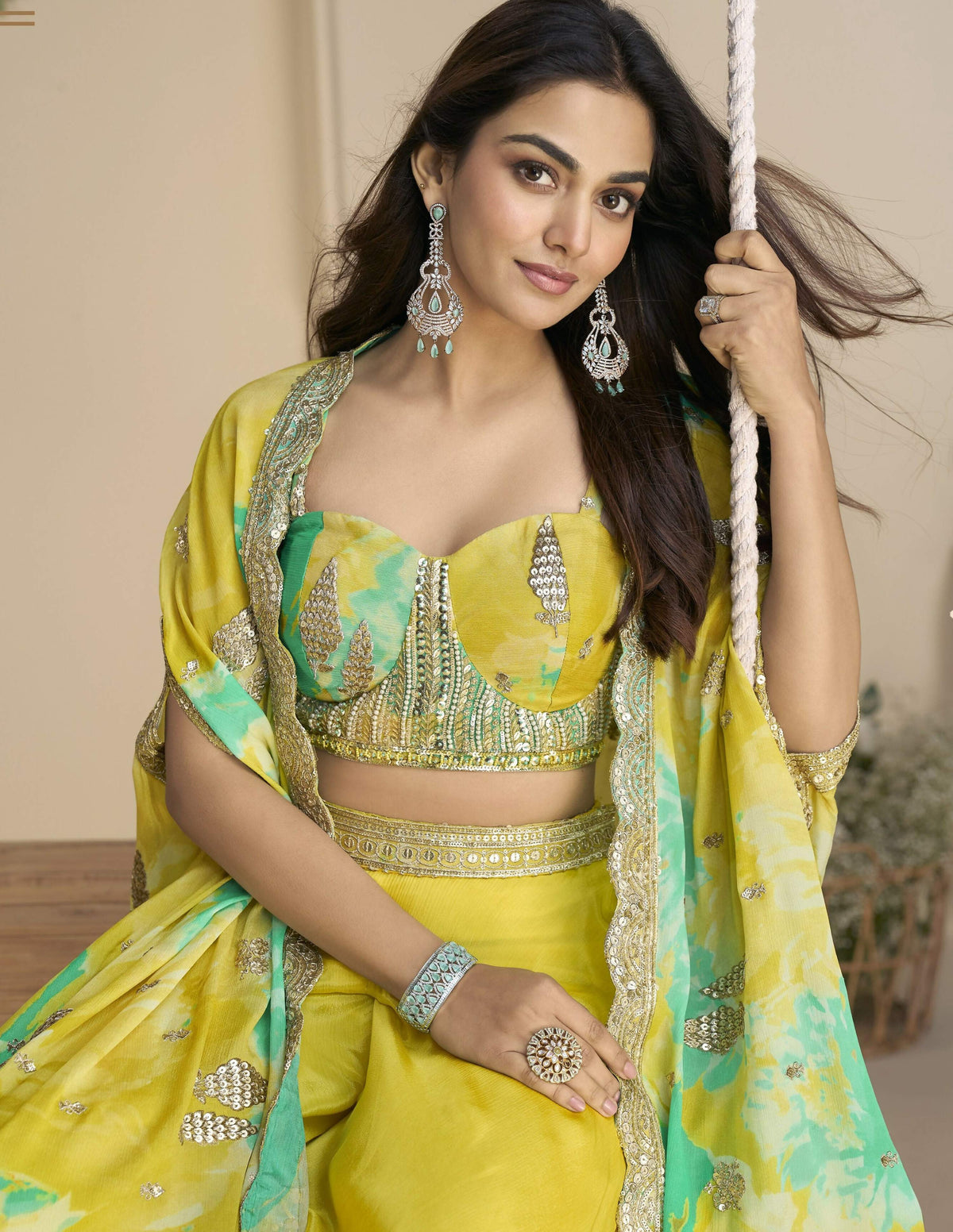 Anaita Mustard Chinon Free Size Readymade Shrug Suit with Embroidery Sequence Work (Free Size) | Grocsy