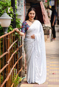 White Poly Silk Ethnic Motifs Saree with Unstitched Blouse - A2M | Grocsy