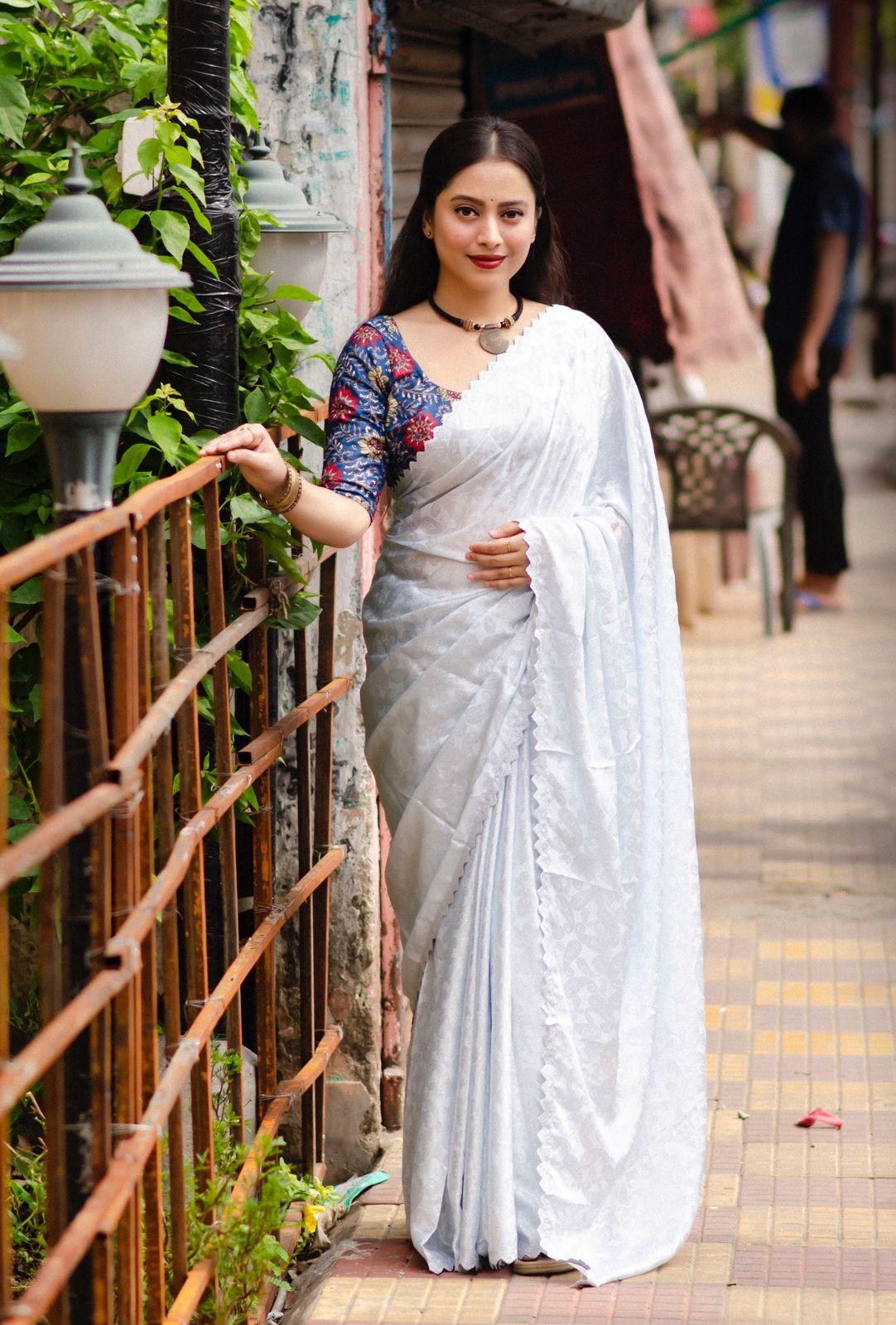 White Poly Silk Ethnic Motifs Saree with Unstitched Blouse - A2M | Grocsy