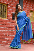 Very Much Indian Pure Cotton Handloom Sarees With Intricate Borders-Blue Shade | Grocsy