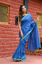 Very Much Indian Pure Cotton Handloom Sarees With Intricate Borders-Blue Shade | Grocsy