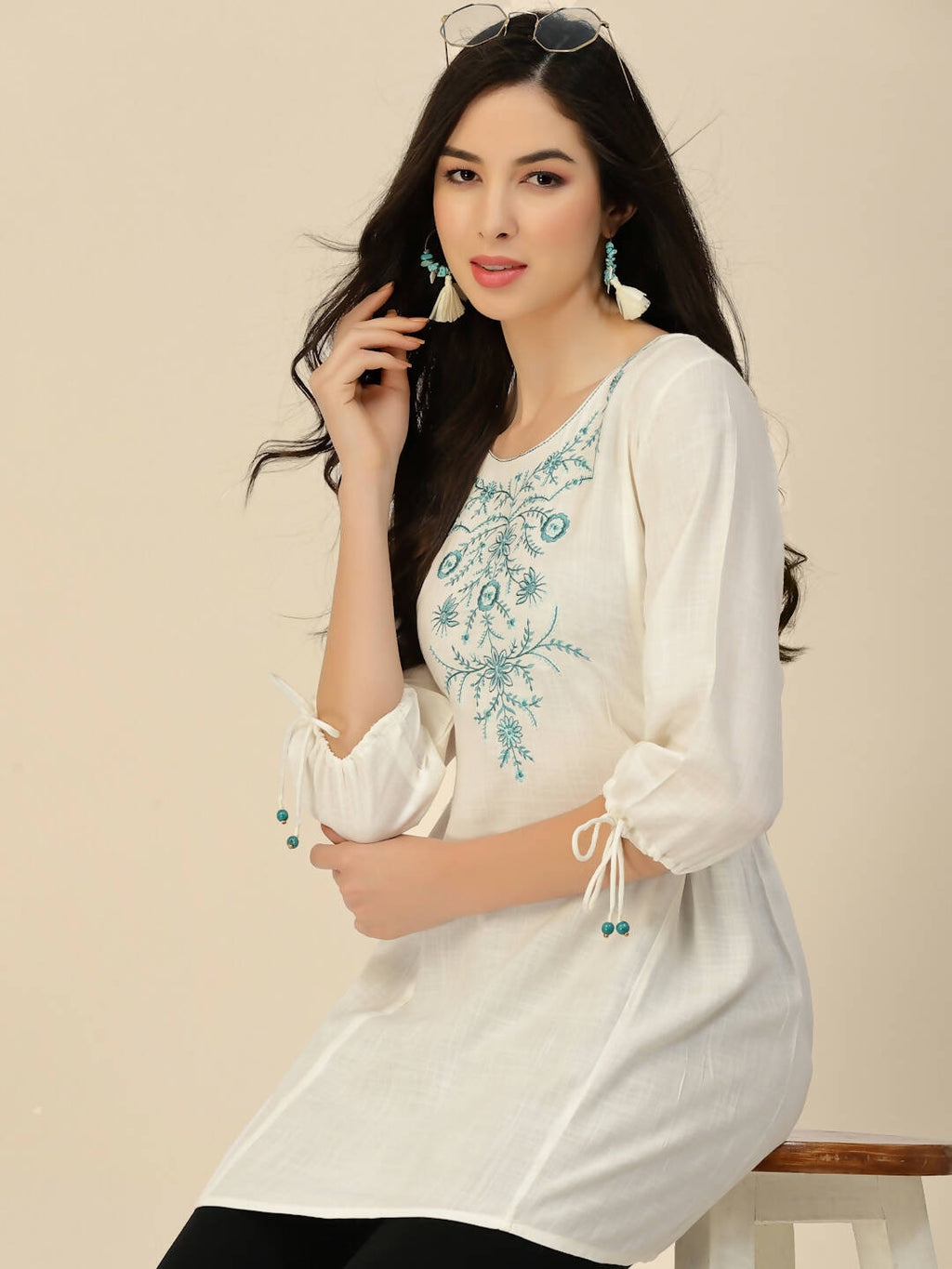 White Poly Rayon Floral Embroidered Top - Zeny | Grocsy