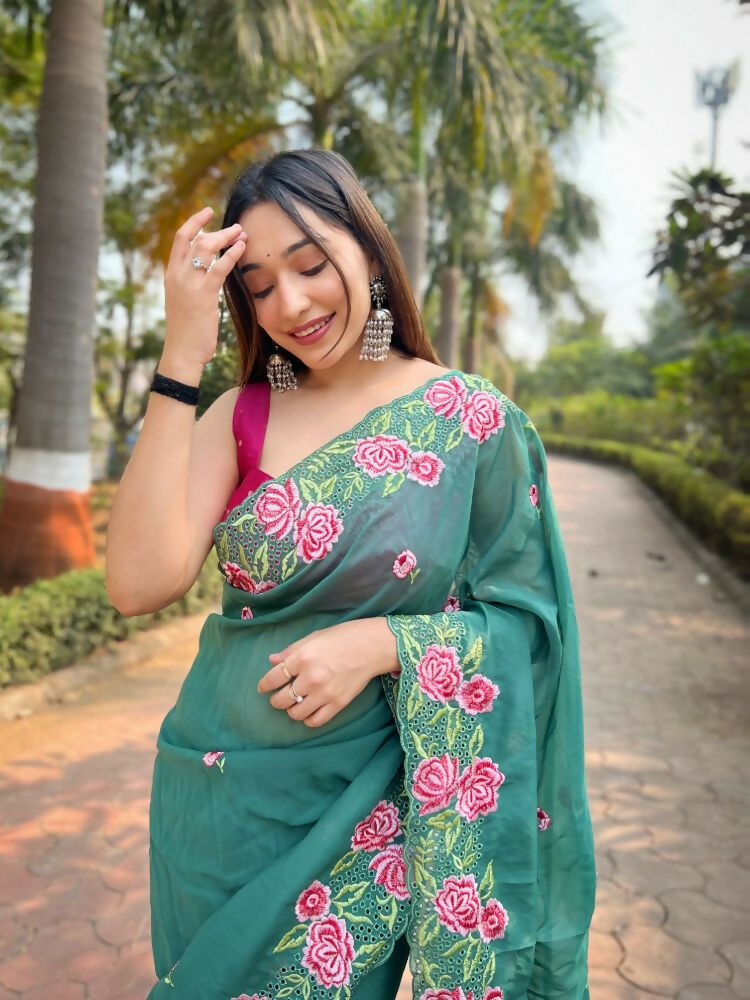 Vamsee Nimrat Sea Green Organza Silk Saree | Grocsy