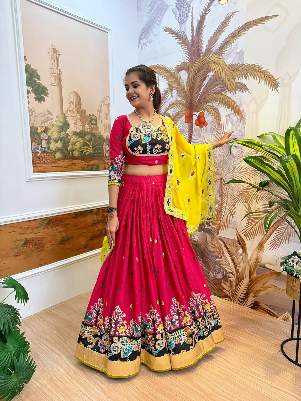Teeya Creation Rani Colour Rayon Silk Embroidery Work Fully Stitched Navratri Lehenga | Grocsy