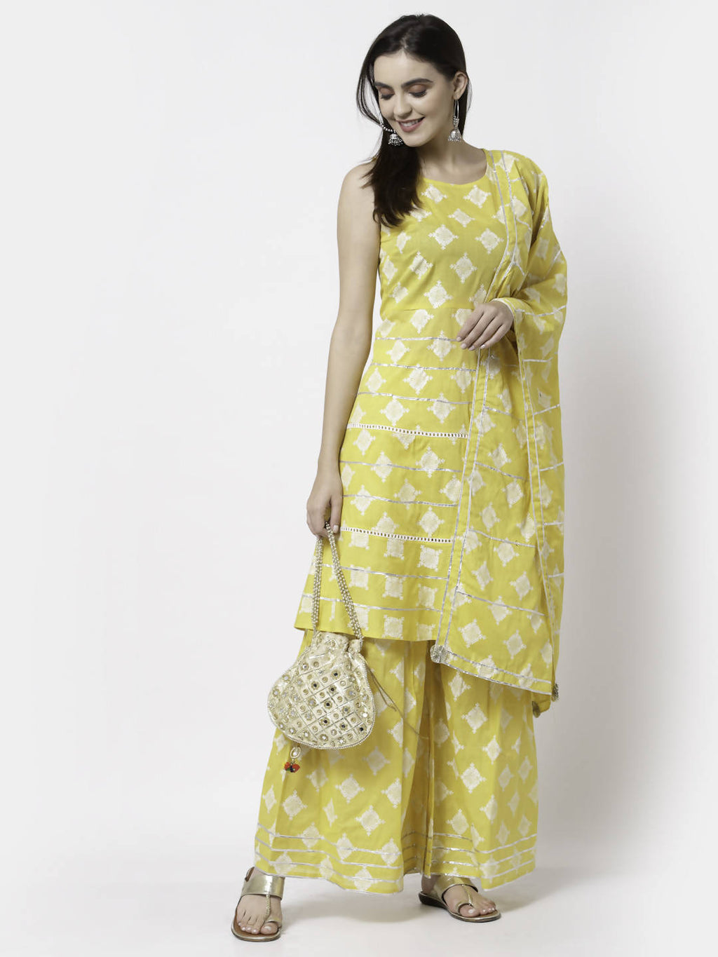 Myshka Yellow Pure Cotton Printed Sleeveless Round Neck Kurta Palazzo Dupatta Set | Grocsy