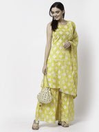 Myshka Yellow Pure Cotton Printed Sleeveless Round Neck Kurta Palazzo Dupatta Set | Grocsy
