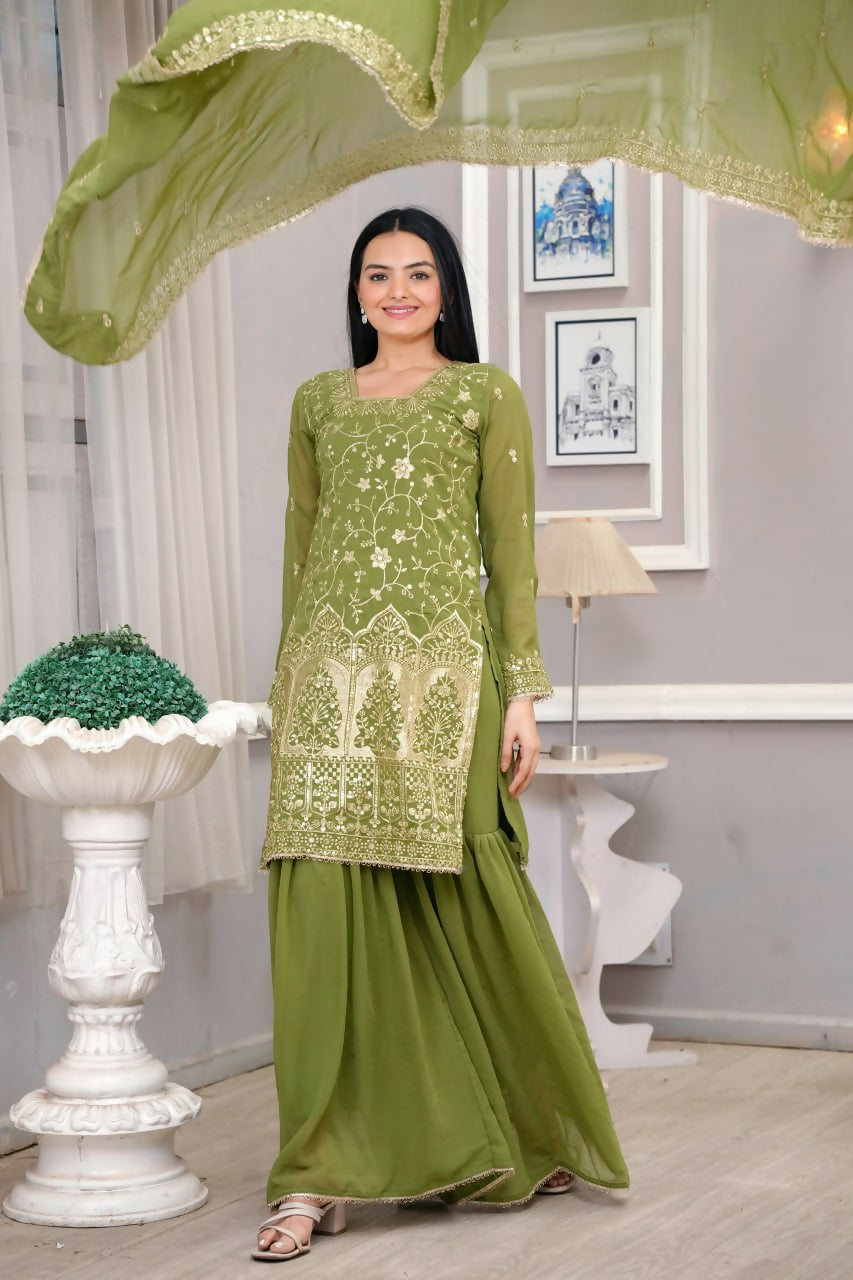 Teeya Creation Mehendi Green Faux Georgette Embroidery Work Sharara Set | Grocsy