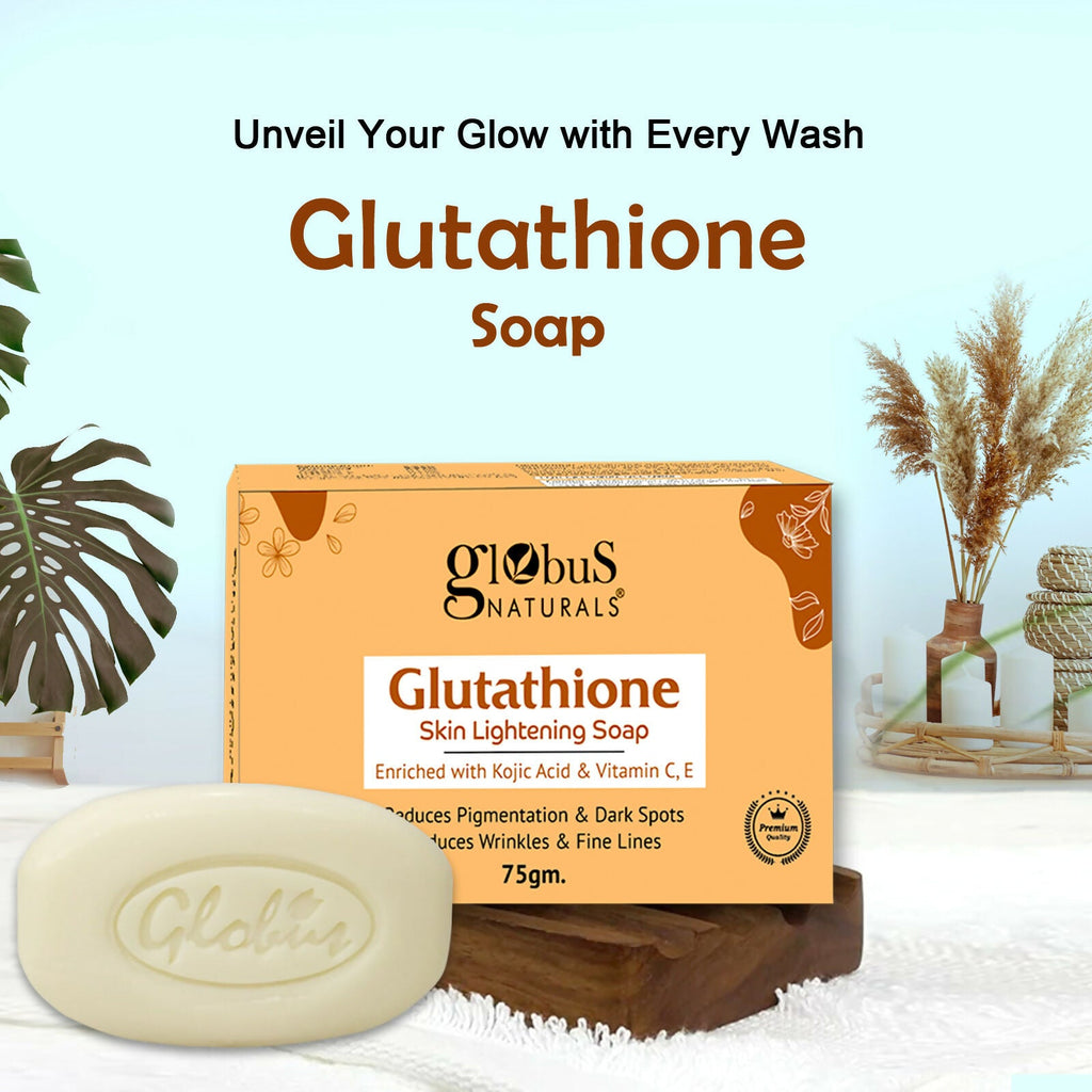 Globus Naturals Glutathione Skin Lightening Soap Enriched with Kojic Acid & Vitamin C, E, Reduces Dark Spots, Wrinkles & Fine Lines | Grocsy