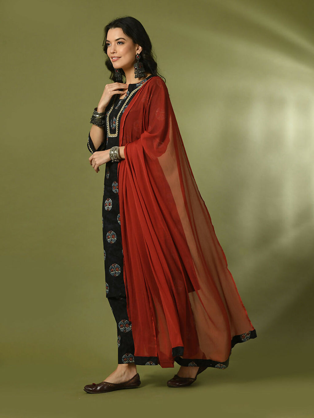 Myshka Women's Black Printed Cotton Straight Party Kurta Set With Dupatta | Grocsy
