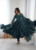 Teeya Creation Teal Color Mal Chanderi Silk Hand Embroidery Work Long Gown | Grocsy