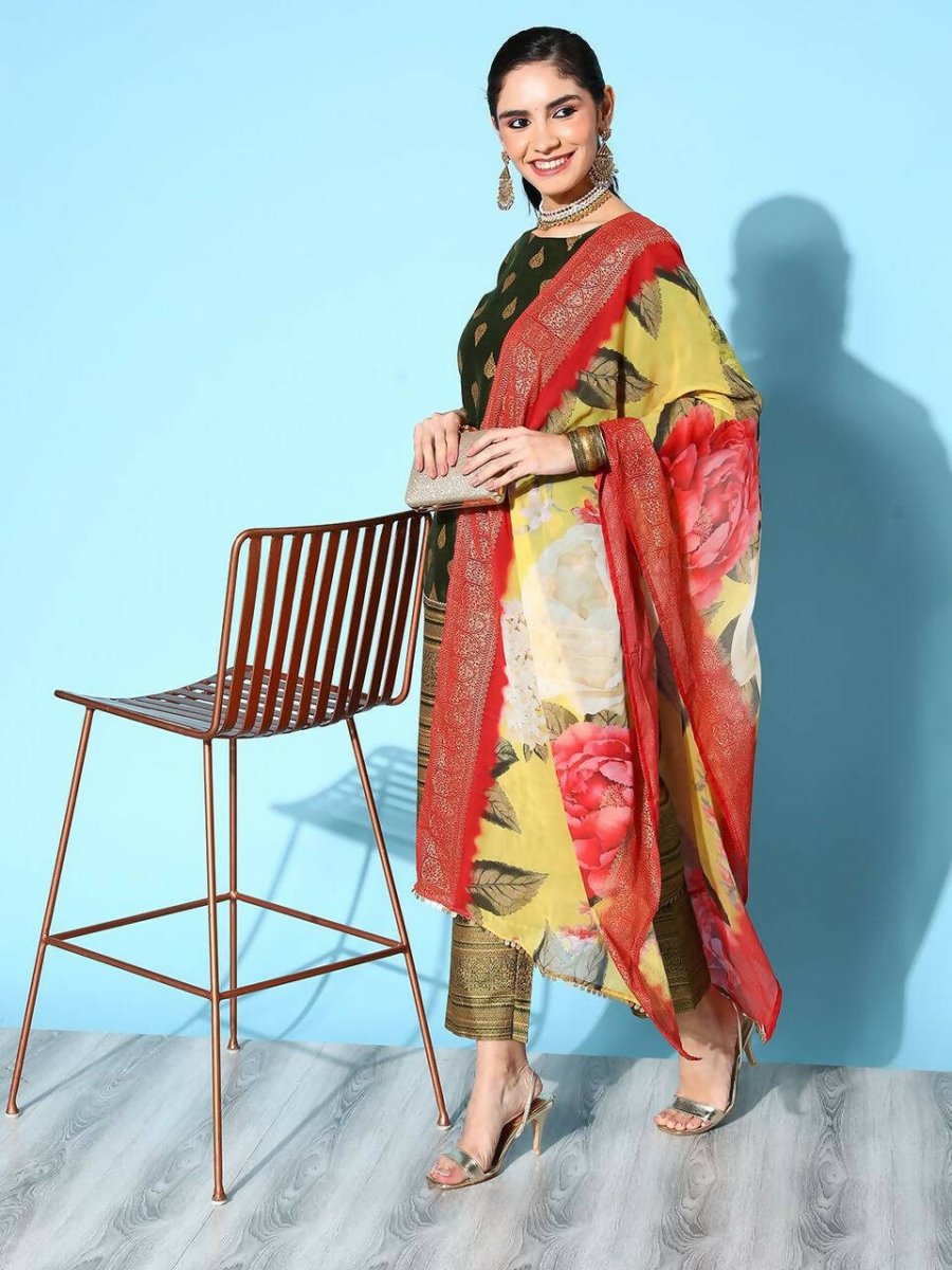 Ahalyaa Women's Olive Colour Poly Silk Gold Printed Kurta Pant Set With Dupatta | Grocsy