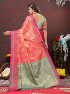 Lorenvalley Fashion Peach Kanjivaram Silk Woven Design with Zari Weaving Saree | Grocsy