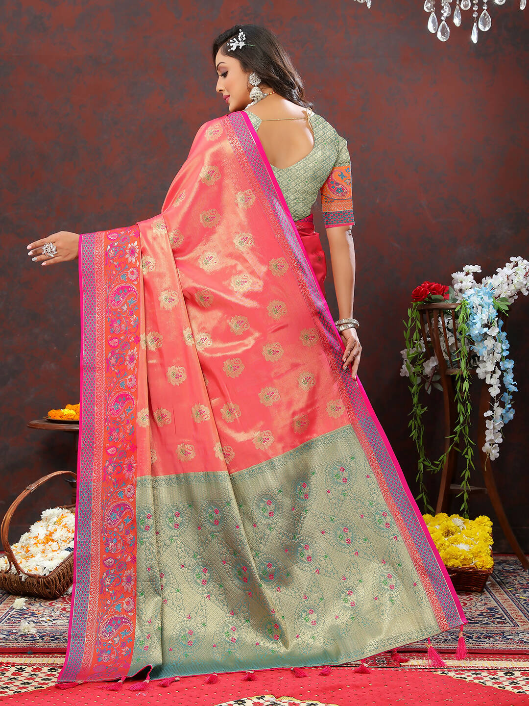 Lorenvalley Fashion Peach Kanjivaram Silk Woven Design with Zari Weaving Saree | Grocsy
