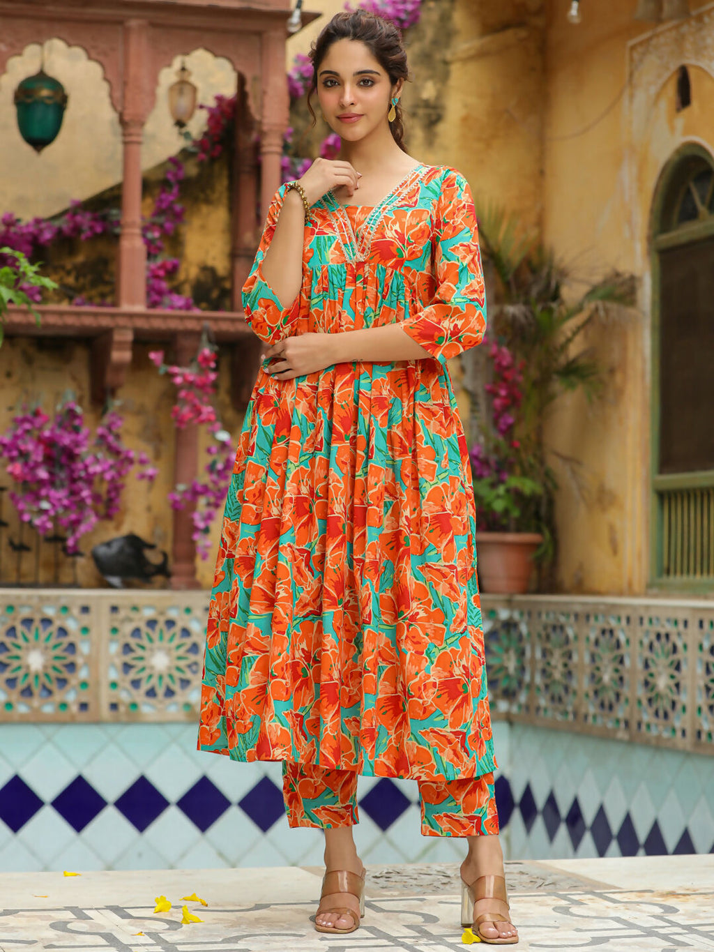 Janasya Orange Cotton Floral Kurta & Bottom | Grocsy