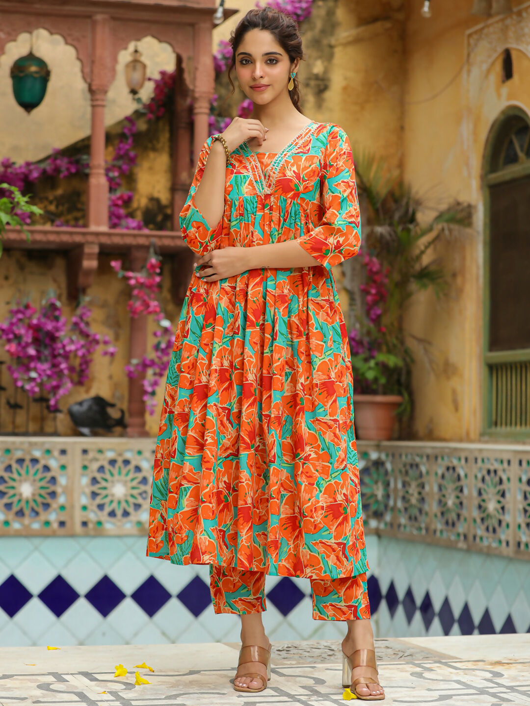 Janasya Orange Cotton Floral Kurta & Bottom | Grocsy