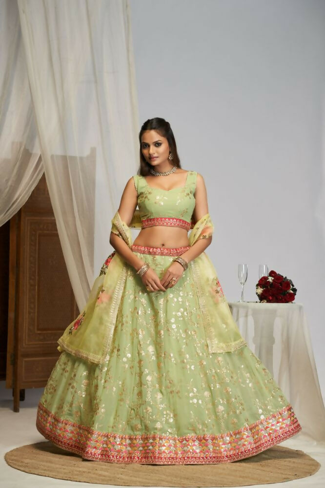 Pista Green Floral Georgette Sequence Work Lehenga Choli - Jihu Culture | Grocsy