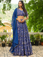 Janasya Blue Georgette Floral Lehenga Choli Dupatta | Grocsy