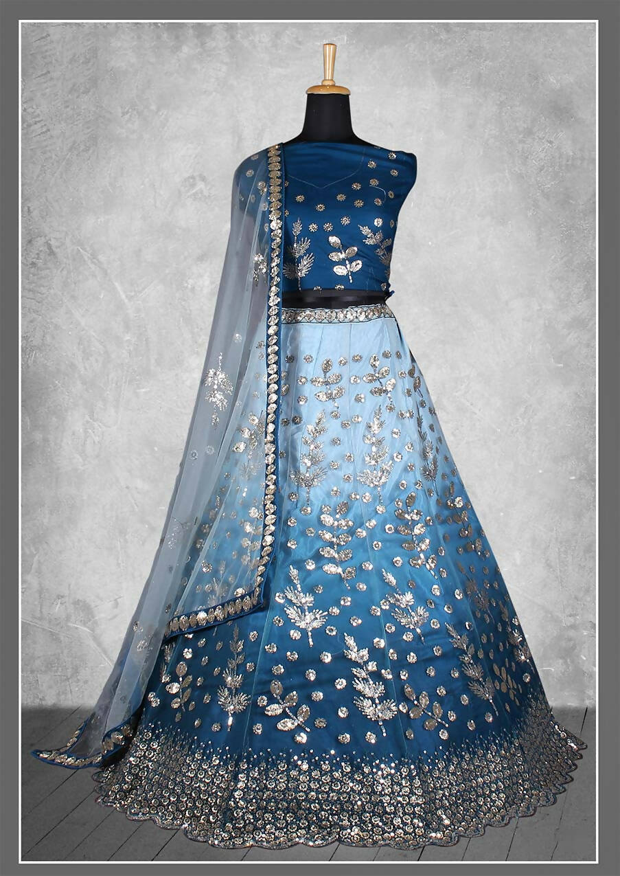 Blue Net Floral Sequins And Cord Embroidery, Cut Work Semi-Stitched Lehenga Choli - Nimaya Kangan | Grocsy