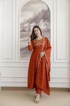 The52 Orange Women's Beautiful Vichitra Silk Fabric Embroidered Work Flared Anarkali Pant and Dupatta Set | Grocsy