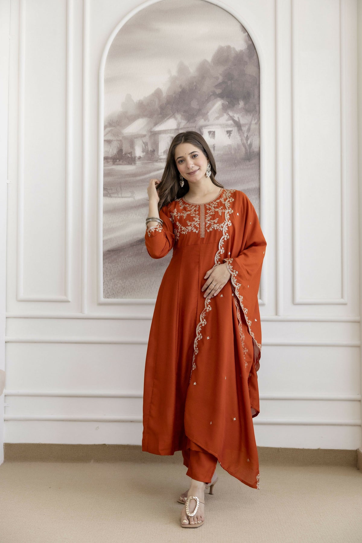 The52 Orange Women's Beautiful Vichitra Silk Fabric Embroidered Work Flared Anarkali Pant and Dupatta Set | Grocsy