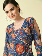 Myshka Women's Blue Floral Printed A-Line Dress | Grocsy