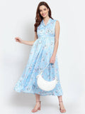 Myshka Women's Sky Blue Printed Cotton Blend Sleeveless Coller Casual Dress | Grocsy