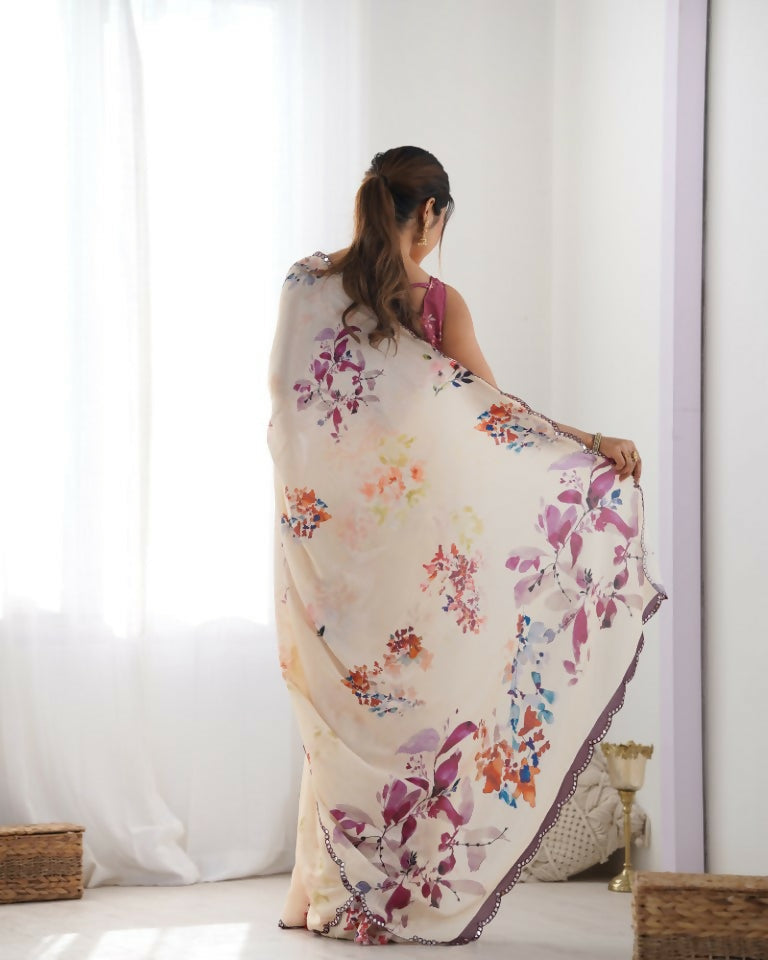 Peach Chinon Designer Digital Printed & Mirror Cut Work Saree - Kriti | Grocsy