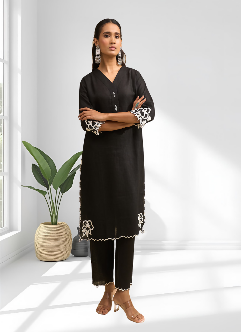 Joban Fashion Black Linen Embroidered Readymade Long Kurta With Pant | Grocsy