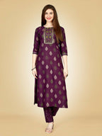 Jyoti Fashion Women's Wine Viscose Rayon Embroidered Kurta Pant Set | Grocsy