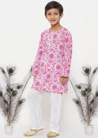 Little Bansi Boys Cotton Floral Kurta with Pearl Buttons & Pyjama in Pink & Cream | Grocsy