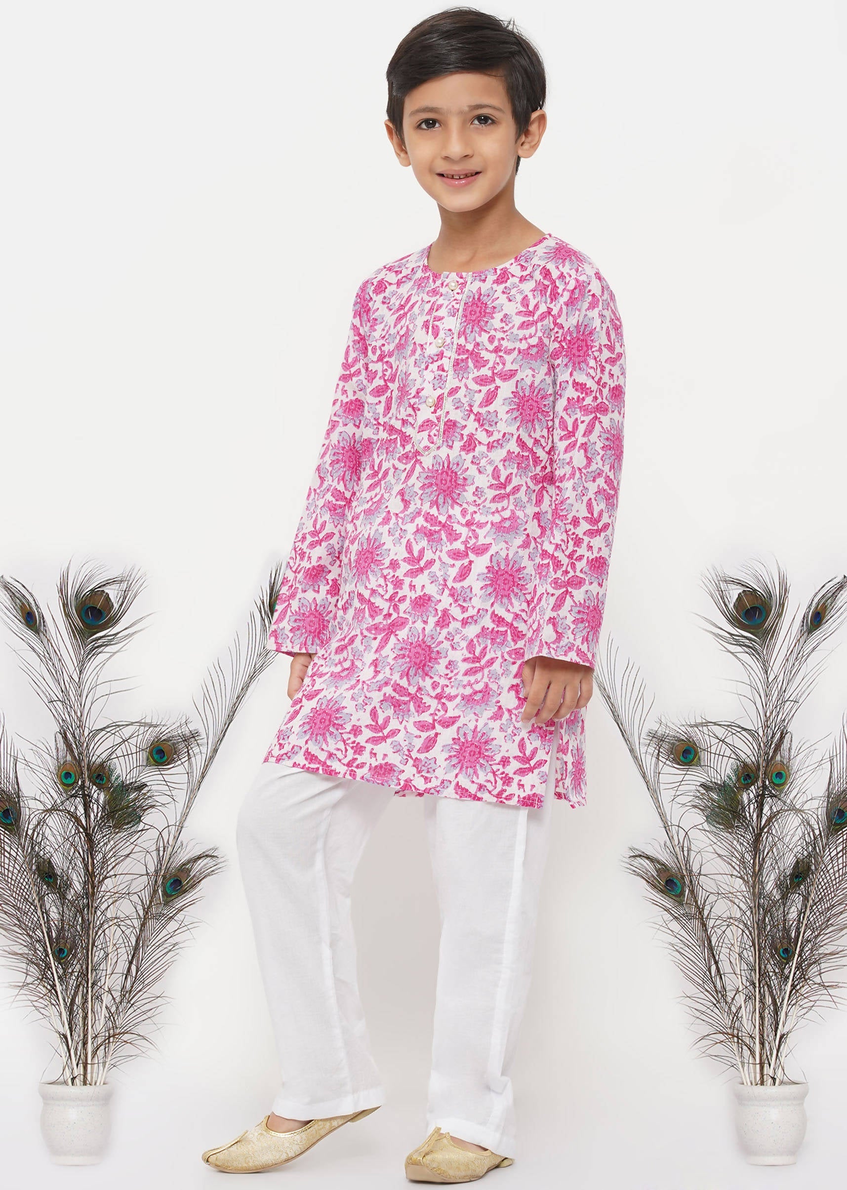 Little Bansi Boys Cotton Floral Kurta with Pearl Buttons & Pyjama in Pink & Cream | Grocsy