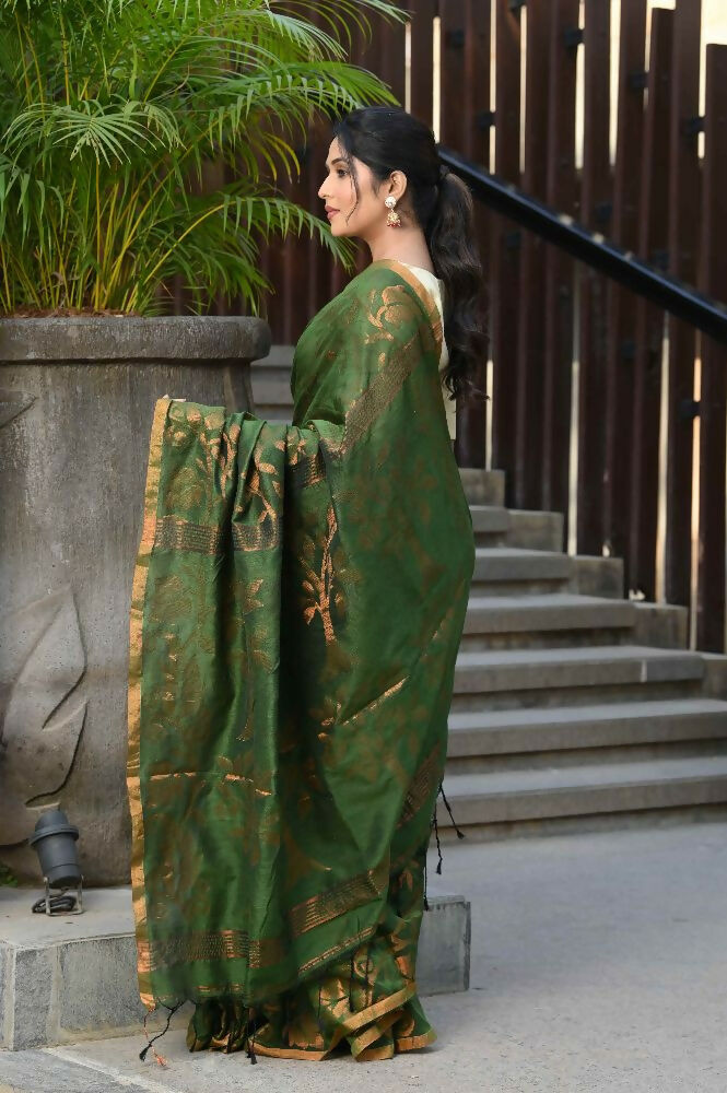 Beatitude Green Cotton Floral Jamdani Saree | Grocsy