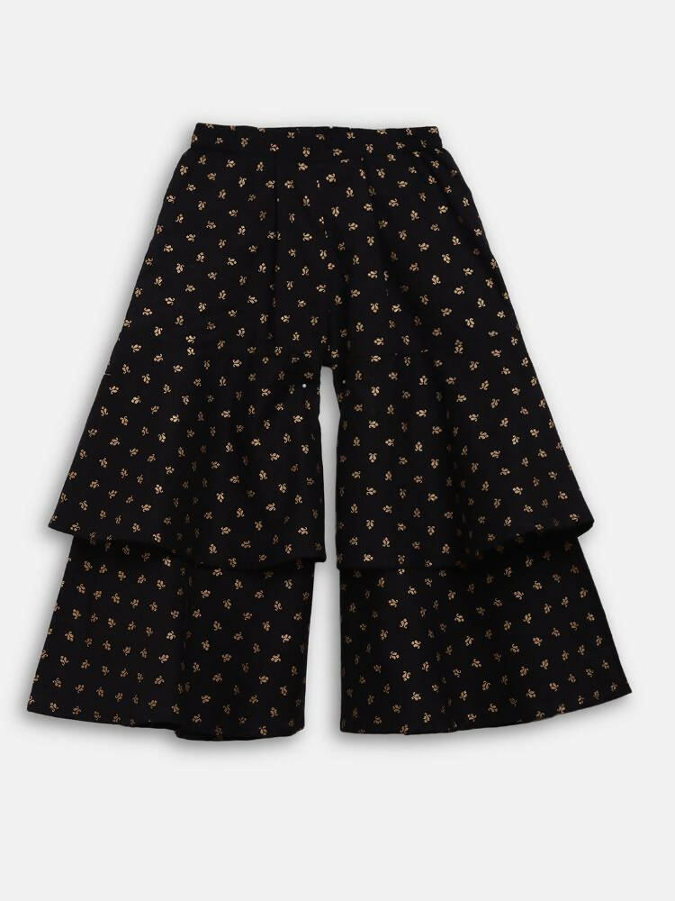 Ahalyaa Black Cotton Gold Print Kids Kurta Sharara Sets For Girls | Grocsy