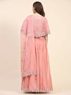Peach Silk Embroidered Poncho Pattern Top & Lehenga with Dupatta - Tanya | Grocsy