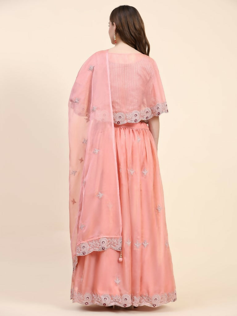 Peach Silk Embroidered Poncho Pattern Top & Lehenga with Dupatta - Tanya | Grocsy