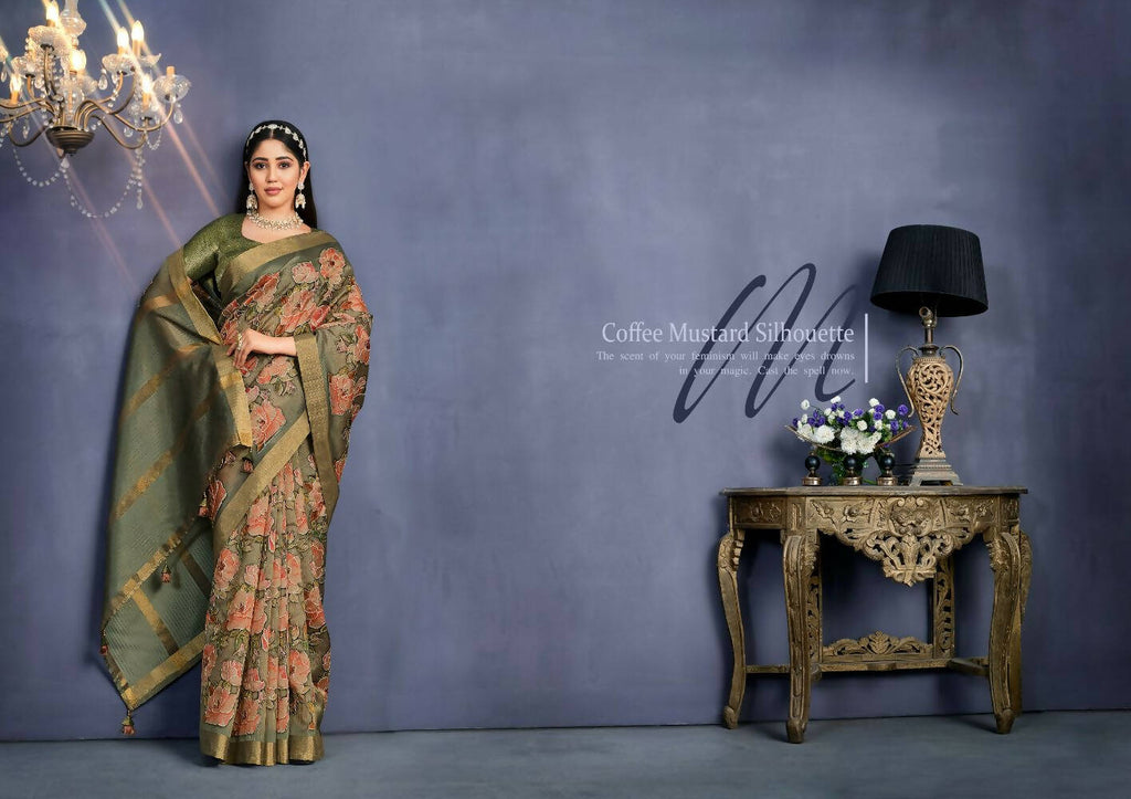 Coffee Mustard Tusser Silk Floral Printed With Embroidered Work Saree With Unstitched Blouse - Mohmanthan Aahana | Grocsy