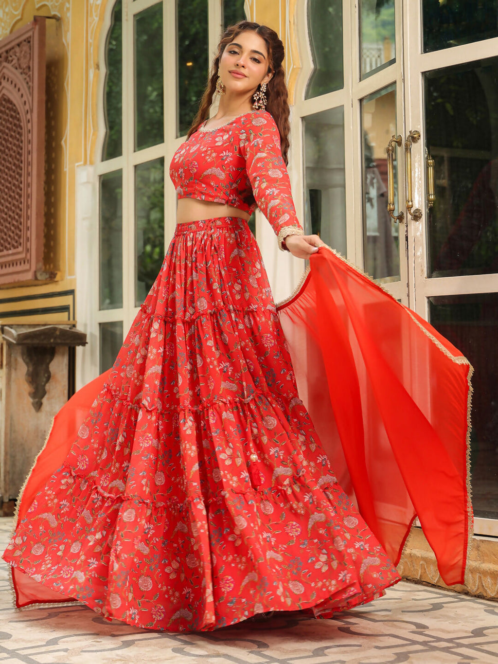 Janasya Red Georgette Floral Lehenga Choli Dupatta | Grocsy